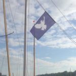 hellblaue Flagge mit einer weissen Taube vor blauem Himmel